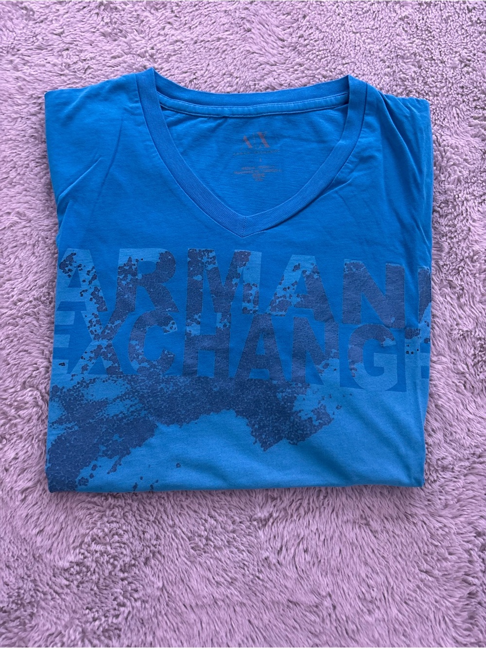 Armani Exchange Men's Bright Blue V-Neck Logo Graphic Tee
